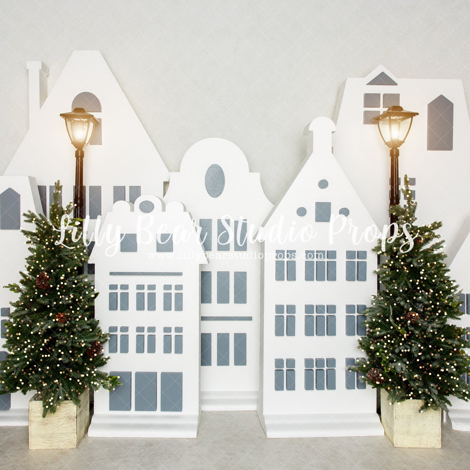 Arctic Village Pines - Lilly Bear Studio Props, arctic pines, christmas, christmas town, christmas village, christmas village pine trees, Fabric, holiday, holiday christmas, lanterns, silver winter, snow, snow town, snow village, snowflakes, snowy forest, snowy trees, street lanterns, street lights, village, white christmas, white holiday, white village, white winter, winter, winter christmas, winter diamond, Wrinkle Free Fabric