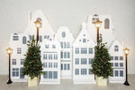 Arctic Village Pines - Lilly Bear Studio Props, arctic pines, christmas, christmas town, christmas village, christmas village pine trees, Fabric, holiday, holiday christmas, lanterns, silver winter, snow, snow town, snow village, snowflakes, snowy forest, snowy trees, street lanterns, street lights, village, white christmas, white holiday, white village, white winter, winter, winter christmas, winter diamond, Wrinkle Free Fabric