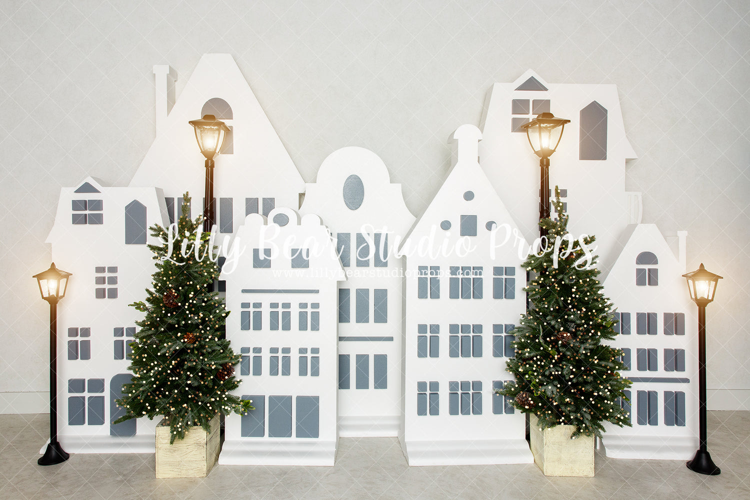 Arctic Village Pines - Lilly Bear Studio Props, arctic pines, christmas, christmas town, christmas village, christmas village pine trees, Fabric, holiday, holiday christmas, lanterns, silver winter, snow, snow town, snow village, snowflakes, snowy forest, snowy trees, street lanterns, street lights, village, white christmas, white holiday, white village, white winter, winter, winter christmas, winter diamond, Wrinkle Free Fabric