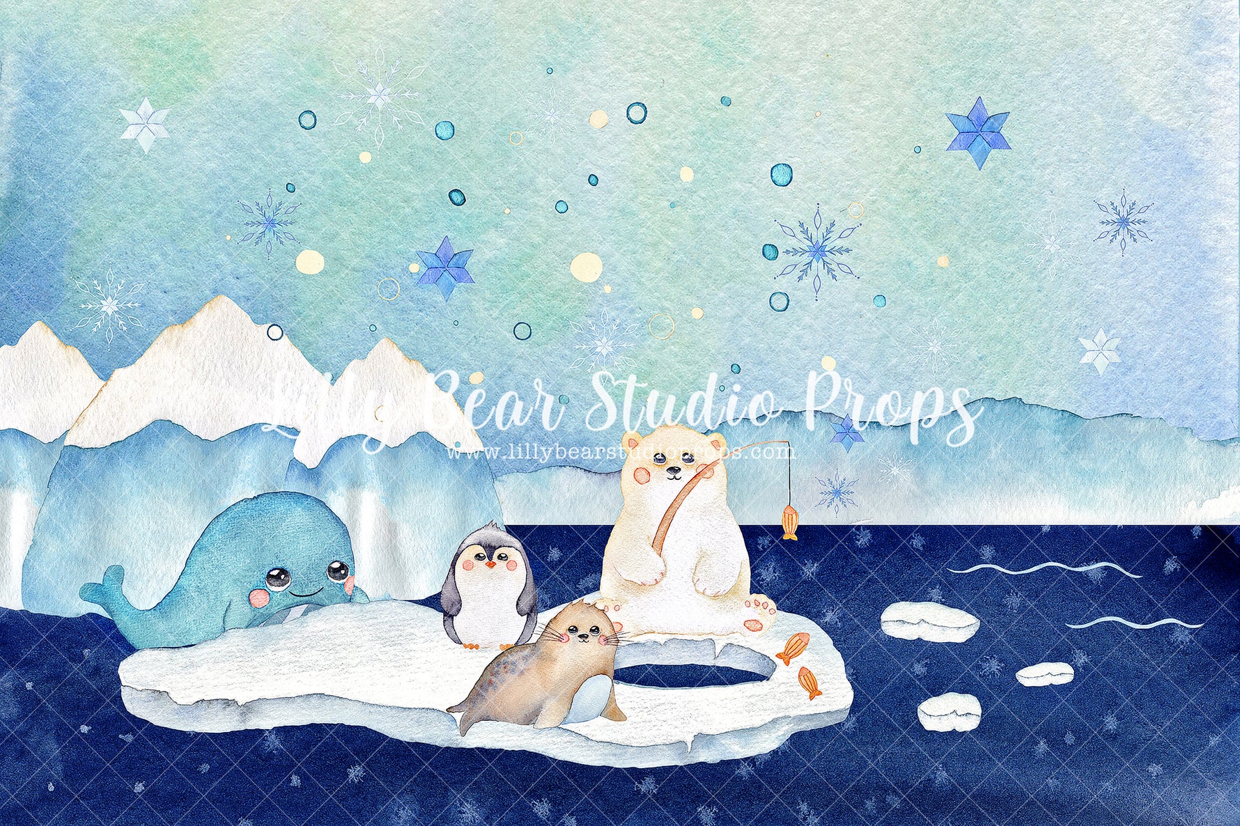 Arctic Friends - Lilly Bear Studio Props, artic, blue, boy, Fabric, fishing, ice, seals, whales, winter, Wrinkle Free Fabric