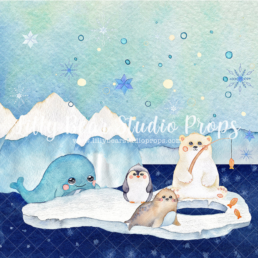 Arctic Friends - Lilly Bear Studio Props, artic, blue, boy, Fabric, fishing, ice, seals, whales, winter, Wrinkle Free Fabric