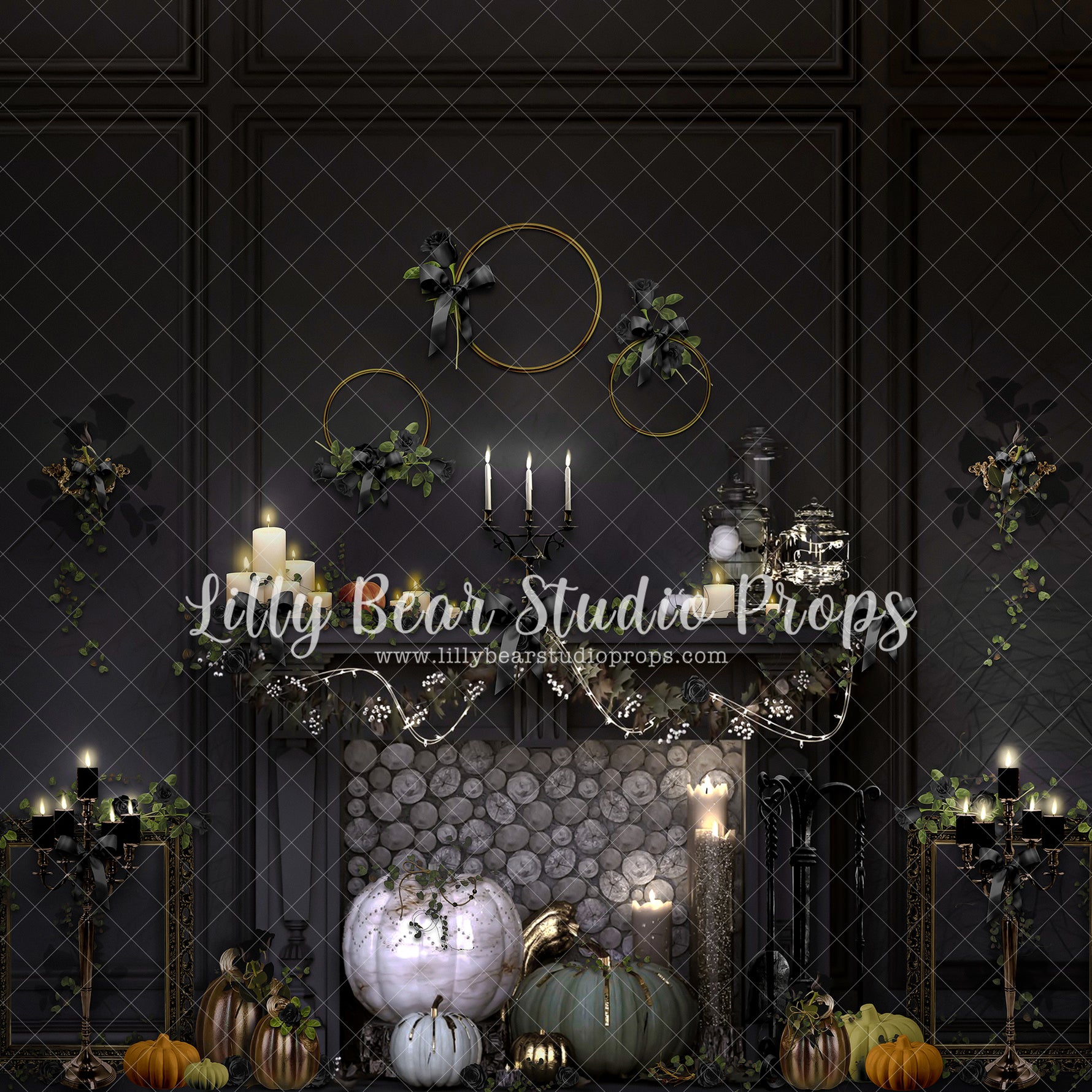 Autumn Elegance Black Roses - Lilly Bear Studio Props, black fireplace, candles, dark fireplace, Fabric, FABRICS, fall fireplace, fireplace, fireplace frames, halloween, halloween fireplace, halloween haunt, halloween mini, halloween night, halloween pumpkins, jack-o-lanter, jack-o-lantern, jack-o-lanterns, jackolantern, pumpkin fireplace