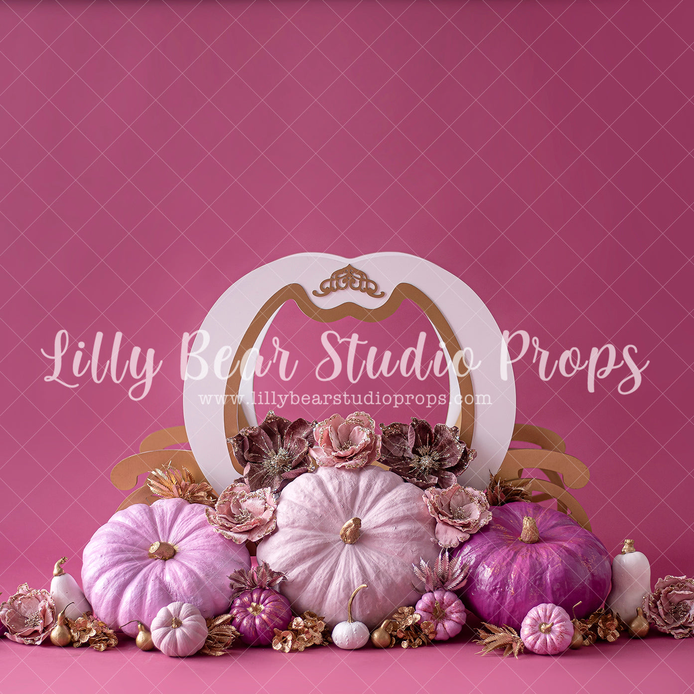 Autumn Fuchsia Carriage - Lilly Bear Studio Props, balloon flowers, balloon wall, balloons and flowers, blooming flowers, cake smash, cinderella, cinderella carriage, floral pink, flower garden, flowers, fuchsia, gold balloons, pastel, pink and gold balloons, pink and white, pink and white balloons, pink balloons, pink floral, pink flower, pink flowers, pink white and gold, princess carriage, pumpkin carriage, shades of purple, spring flowers, white balloons
