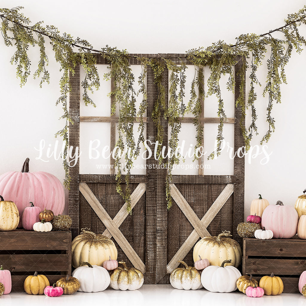 Autumn Gold by Brittany Ebany & Co. sold by Lilly Bear Studio Props, barn doors - doors - Fabric - floral - garland - g
