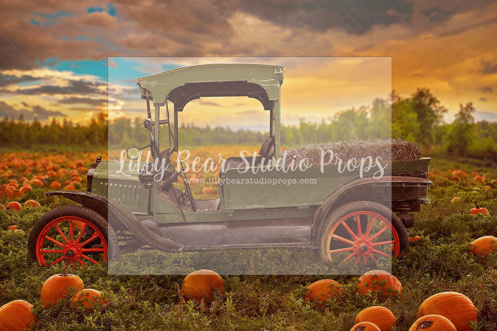 Autumn Truck Sunset - Lilly Bear Studio Props, christmas, Decorated, fall, fall colors, fall colours, fall forest, fall leaves, fall mini, fall pumpkins, fall season, falling leaves, farm pickup, Giving, halloween, Peaceful, pickup, pickup truck, spooky halloween