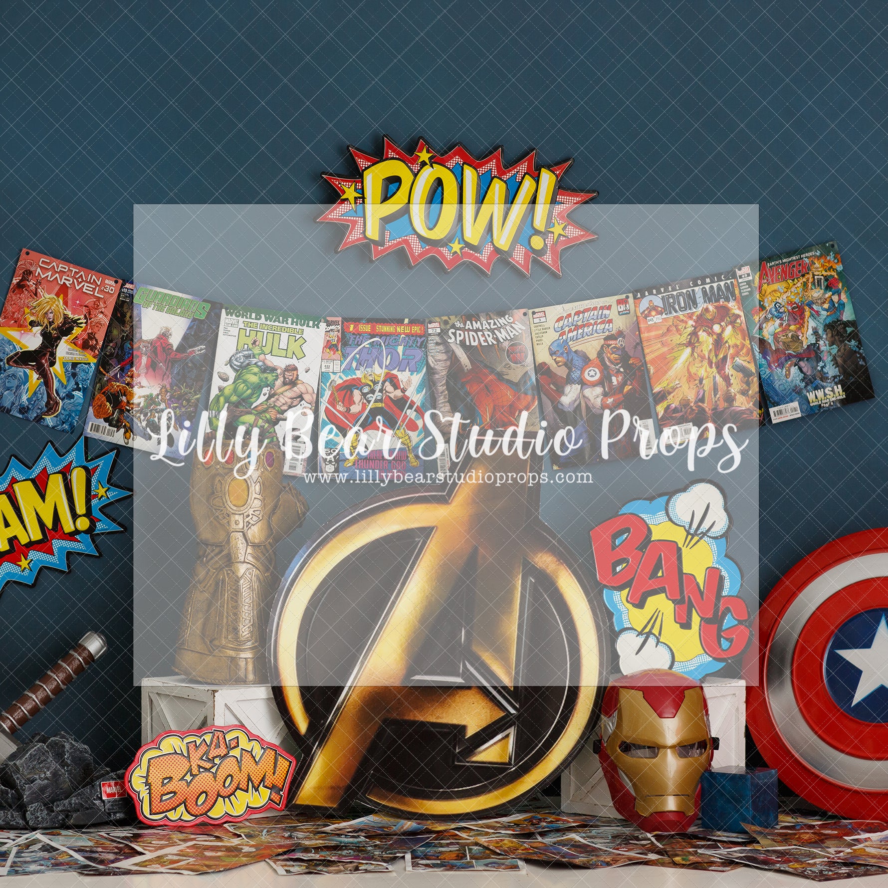 Avengers Assemble - Lilly Bear Studio Props, avengers, avengers comic, bang, boom, Brick Wall, captain america, comic book, comic book city, comic books, iron man, kaboom, little superhero, my hero, my little hero, pow, super hero, super hero avengers, superhero, superheros, thor