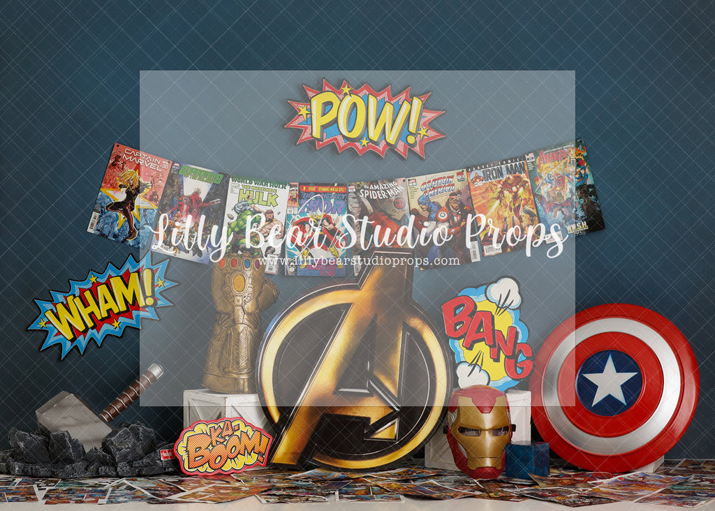 Avengers Assemble - Lilly Bear Studio Props, avengers, avengers comic, bang, boom, Brick Wall, captain america, comic book, comic book city, comic books, iron man, kaboom, little superhero, my hero, my little hero, pow, super hero, super hero avengers, superhero, superheros, thor