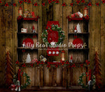 Be Jolly Gnome Christmas Kitchen - Lilly Bear Studio Props, candles, christmas, christmas kitchen, christmas window, Fabric, FABRICS, holiday wreath, kitchen, kitchen cabinet, kitchen cabnet, red curtains, winter, winter kitchen, wood kitchen, wreath