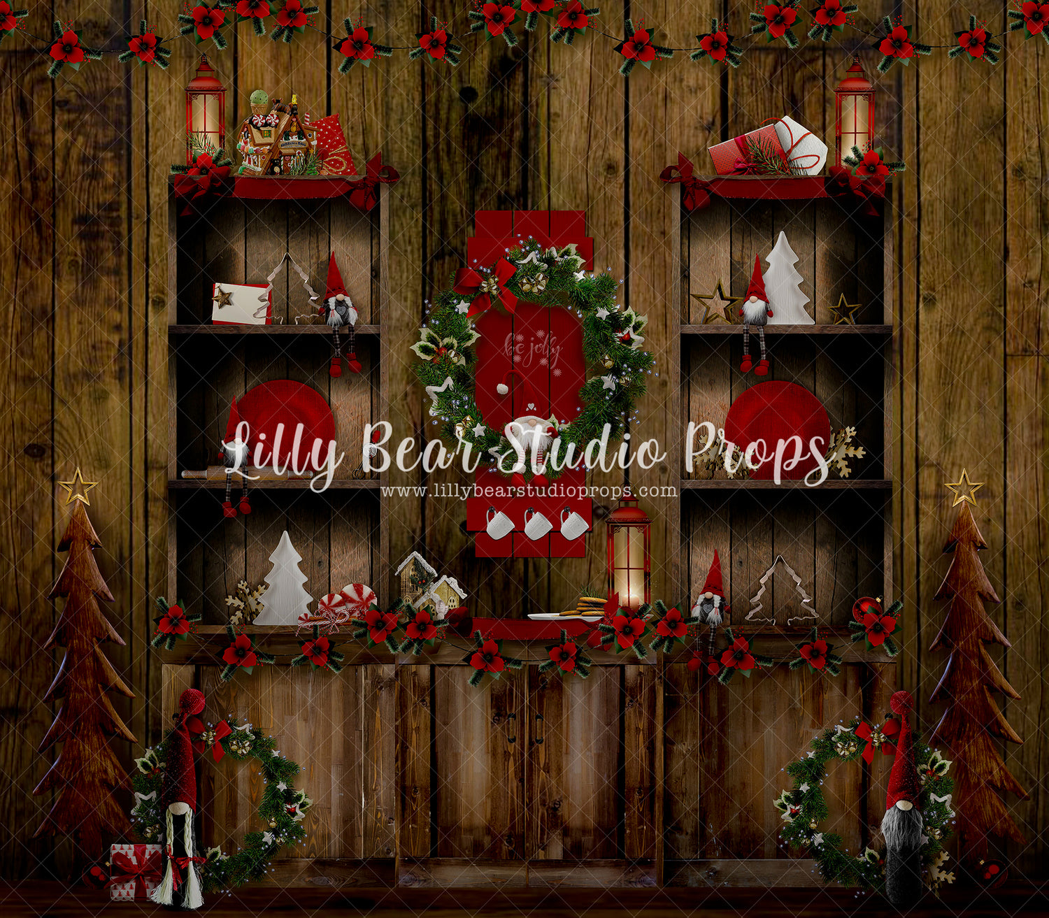 Be Jolly Gnome Christmas Kitchen - Lilly Bear Studio Props, candles, christmas, christmas kitchen, christmas window, Fabric, FABRICS, holiday wreath, kitchen, kitchen cabinet, kitchen cabnet, red curtains, winter, winter kitchen, wood kitchen, wreath
