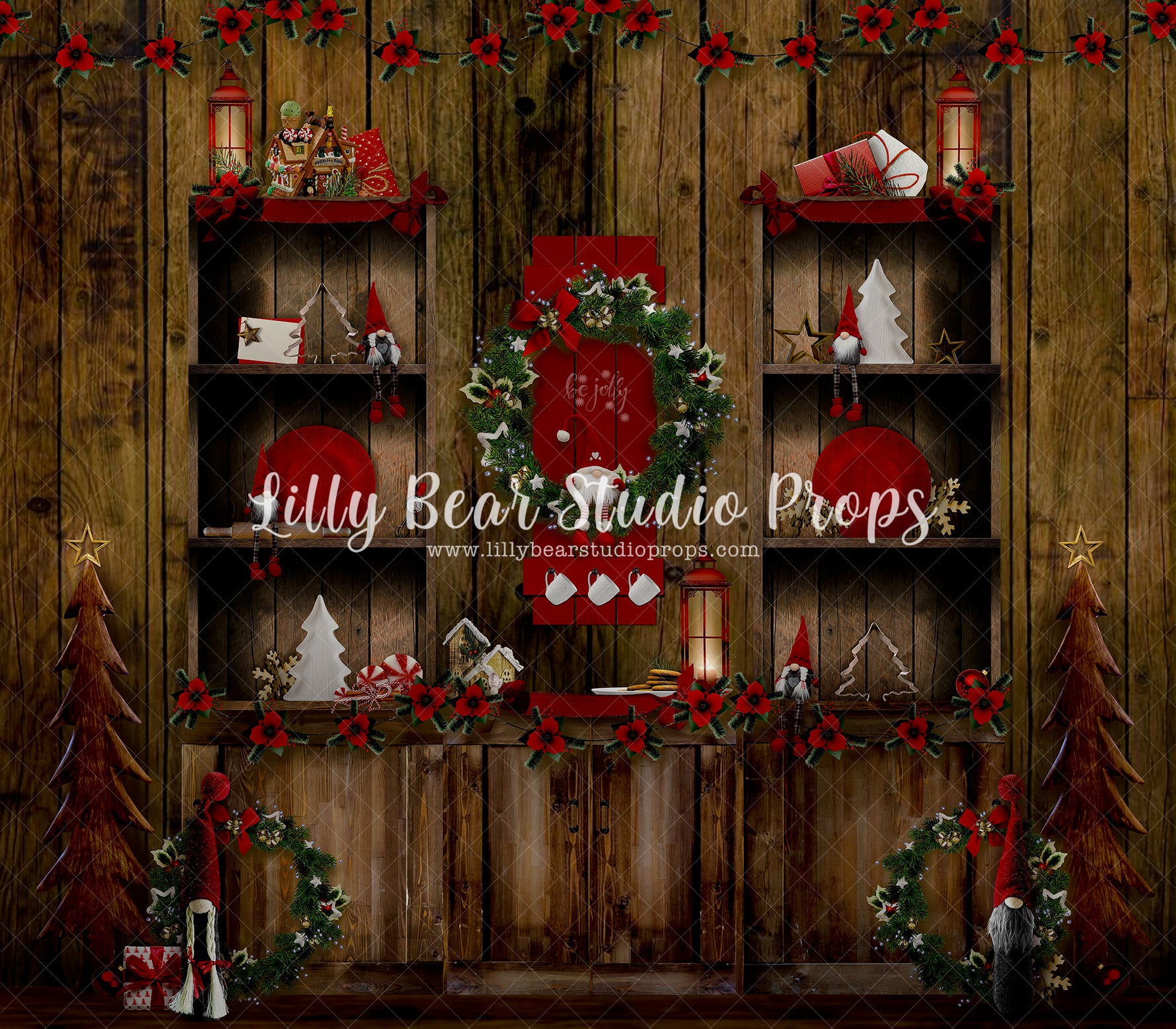 Be Jolly Gnome Christmas Kitchen - Lilly Bear Studio Props, candles, christmas, christmas kitchen, christmas window, Fabric, FABRICS, holiday wreath, kitchen, kitchen cabinet, kitchen cabnet, red curtains, winter, winter kitchen, wood kitchen, wreath