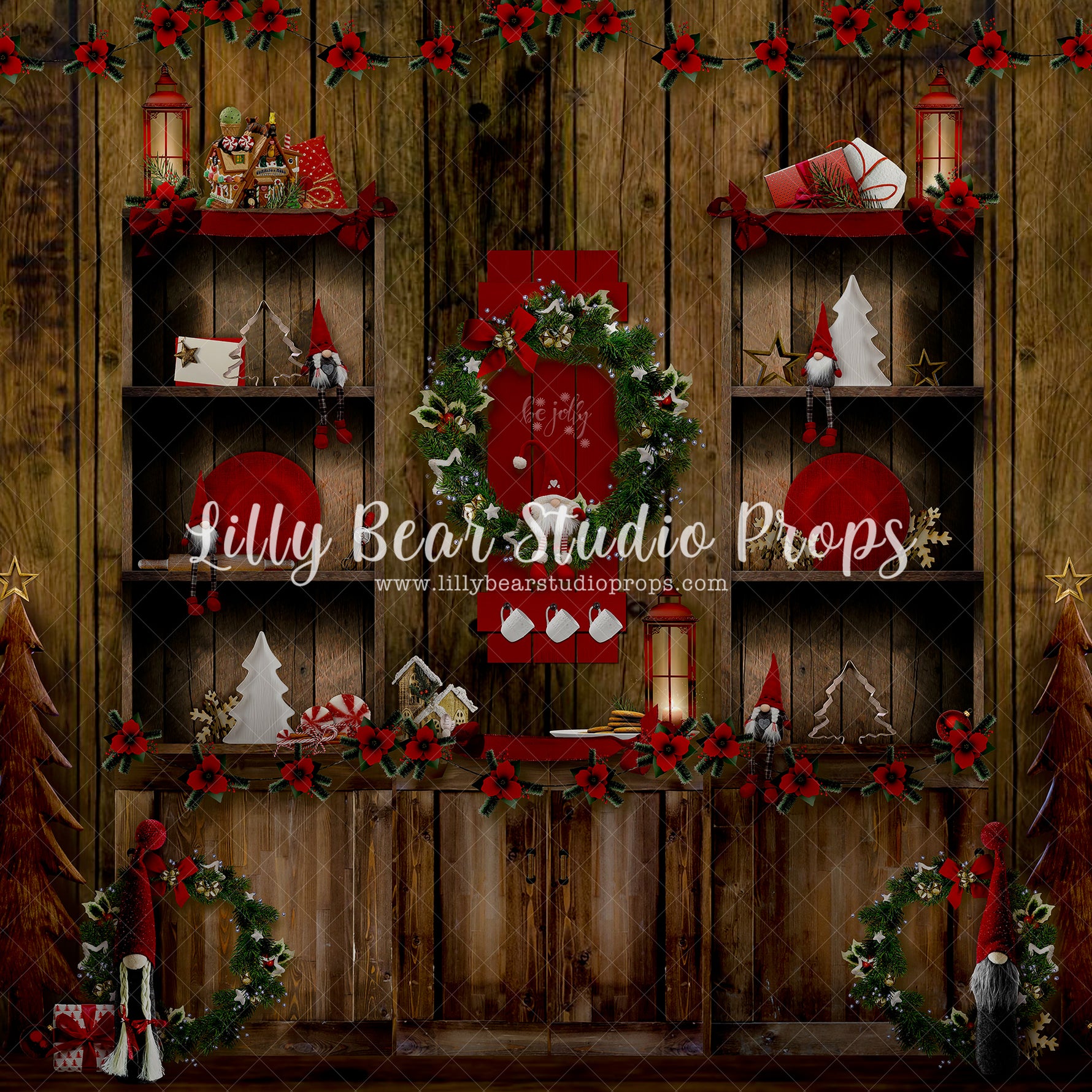 Be Jolly Gnome Christmas Kitchen - Lilly Bear Studio Props, candles, christmas, christmas kitchen, christmas window, Fabric, FABRICS, holiday wreath, kitchen, kitchen cabinet, kitchen cabnet, red curtains, winter, winter kitchen, wood kitchen, wreath
