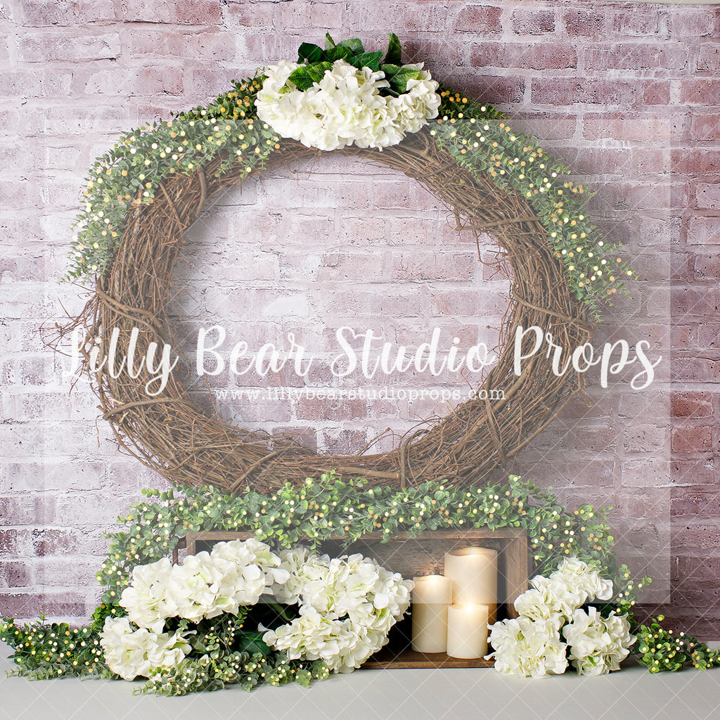 White Blossom Wreath - Lilly Bear Studio Props, bees, cow, FABRICS, farm, farm mild, flower spring, girl, spring, spring barn doors, spring flowers