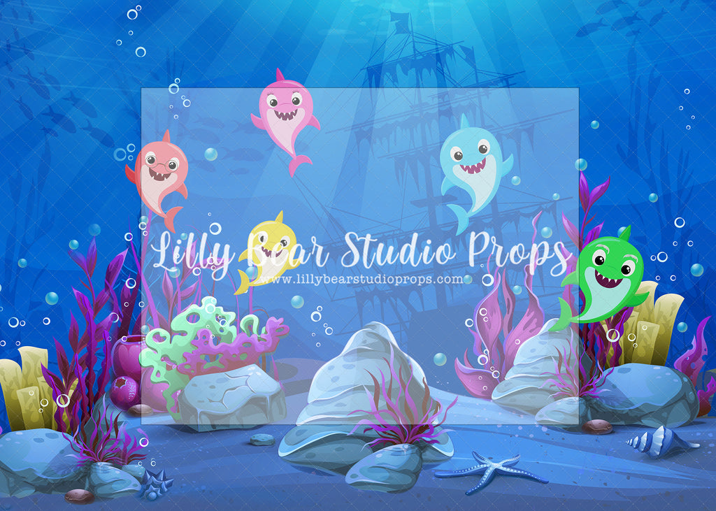 Baby Ocean Sharks - Lilly Bear Studio Props, aqua, Fabric, girls, glitter, little shark, sea, shark, under the sea, under water, underwater, water, waves, Wrinkle Free Fabric