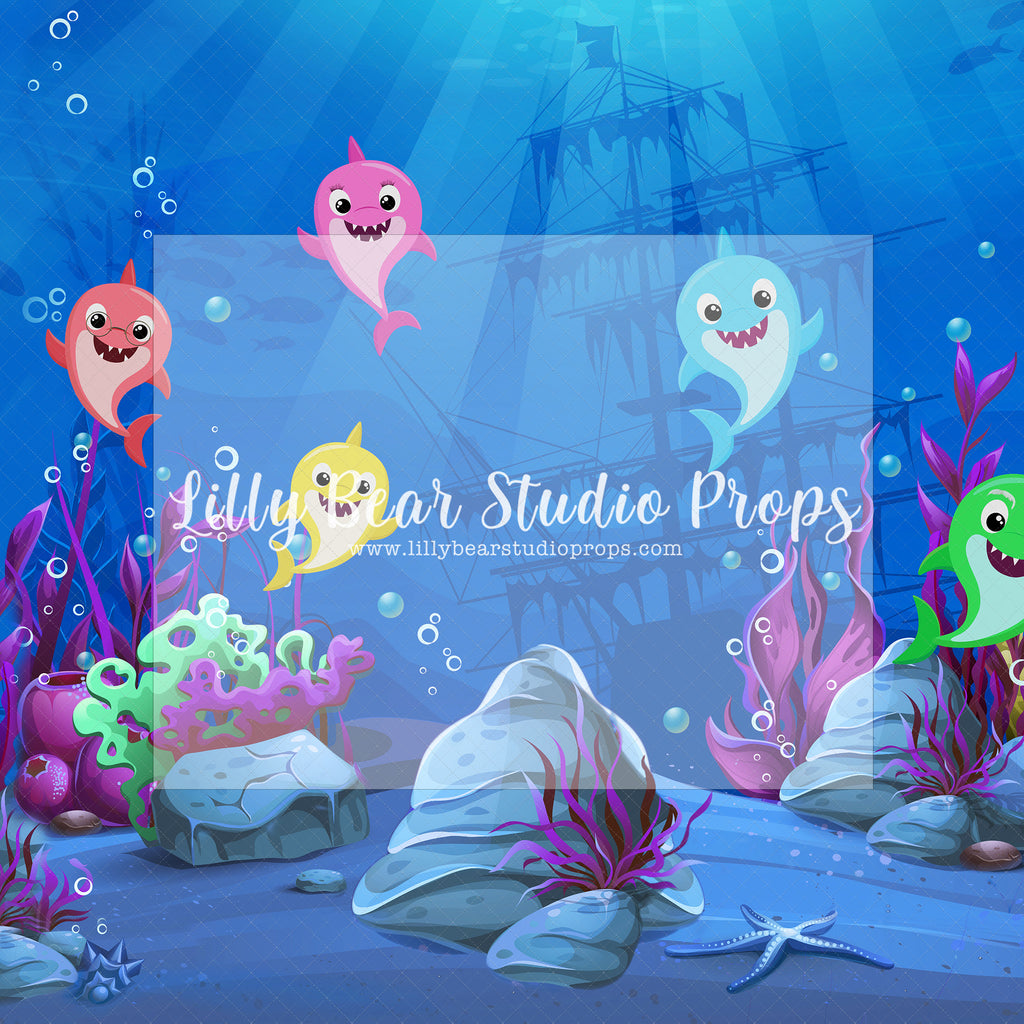Baby Ocean Sharks - Lilly Bear Studio Props, aqua, Fabric, girls, glitter, little shark, sea, shark, under the sea, under water, underwater, water, waves, Wrinkle Free Fabric