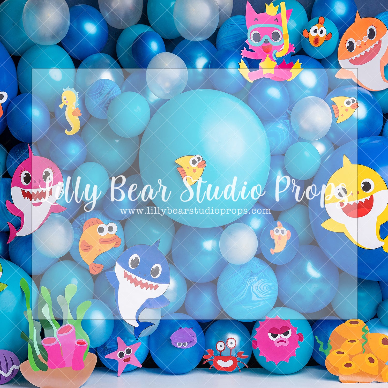 Baby Shark Balloon Wall - Lilly Bear Studio Props, baby, baby girl shark, baby shark, baby shark balloon, balloon wall, coral reef, fish, fish tank, girl shark, go fish, gold fish, mommy shark, pink shark, purple shark, shark, shark baby, shark girl, sharks, sharky, star fish, starfish, under the sea, under the sea girl
