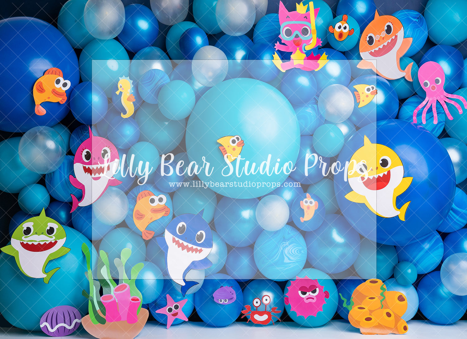 Baby Shark Balloon Wall - Lilly Bear Studio Props, baby, baby girl shark, baby shark, baby shark balloon, balloon wall, coral reef, fish, fish tank, girl shark, go fish, gold fish, mommy shark, pink shark, purple shark, shark, shark baby, shark girl, sharks, sharky, star fish, starfish, under the sea, under the sea girl