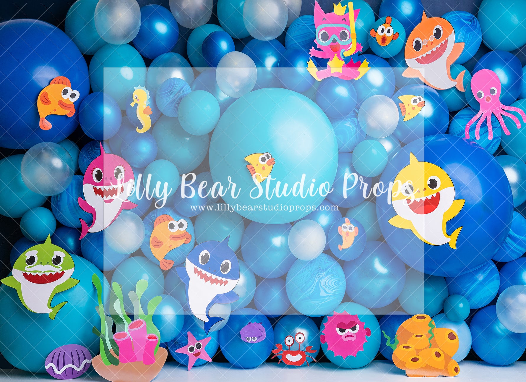 Baby Shark Balloon Wall - Lilly Bear Studio Props, baby, baby girl shark, baby shark, baby shark balloon, balloon wall, coral reef, fish, fish tank, girl shark, go fish, gold fish, mommy shark, pink shark, purple shark, shark, shark baby, shark girl, sharks, sharky, star fish, starfish, under the sea, under the sea girl