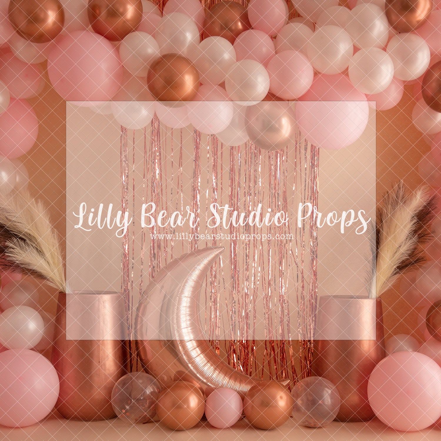 Over The Moon Oker Balloon Arch - Lilly Bear Studio Props, balloon wall, gold star, gold stars, moon, moon and stars, pastel, stars, white balloon wall