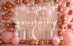Over The Moon Oker Balloon Arch - Lilly Bear Studio Props, balloon wall, gold star, gold stars, moon, moon and stars, pastel, stars, white balloon wall