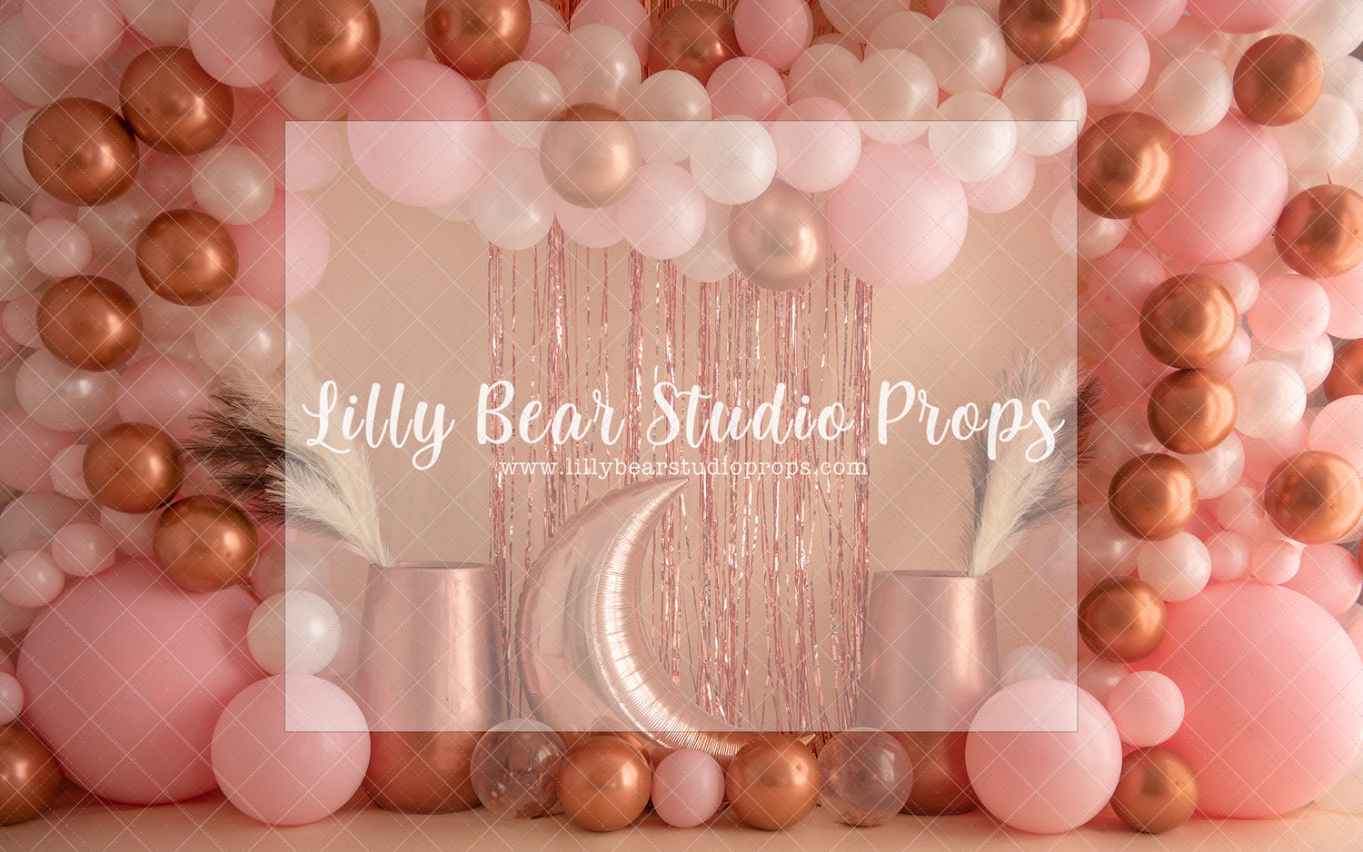 Over The Moon Oker Balloon Arch - Lilly Bear Studio Props, balloon wall, gold star, gold stars, moon, moon and stars, pastel, stars, white balloon wall