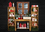 Very Beary Baking Room - Lilly Bear Studio Props, black fireplace, bohemian christmas, bohemian fireplace, bohemian mantel, boho, boho christmas, boho holiday, boho mantel, christmas, christmas mantel, christmas village, evergreen trees, evergreens, Fabric, fireplace, holiday, holiday christmas, mantel, Pampas, pine trees, white christmas, white holiday, Wrinkle Free Fabric