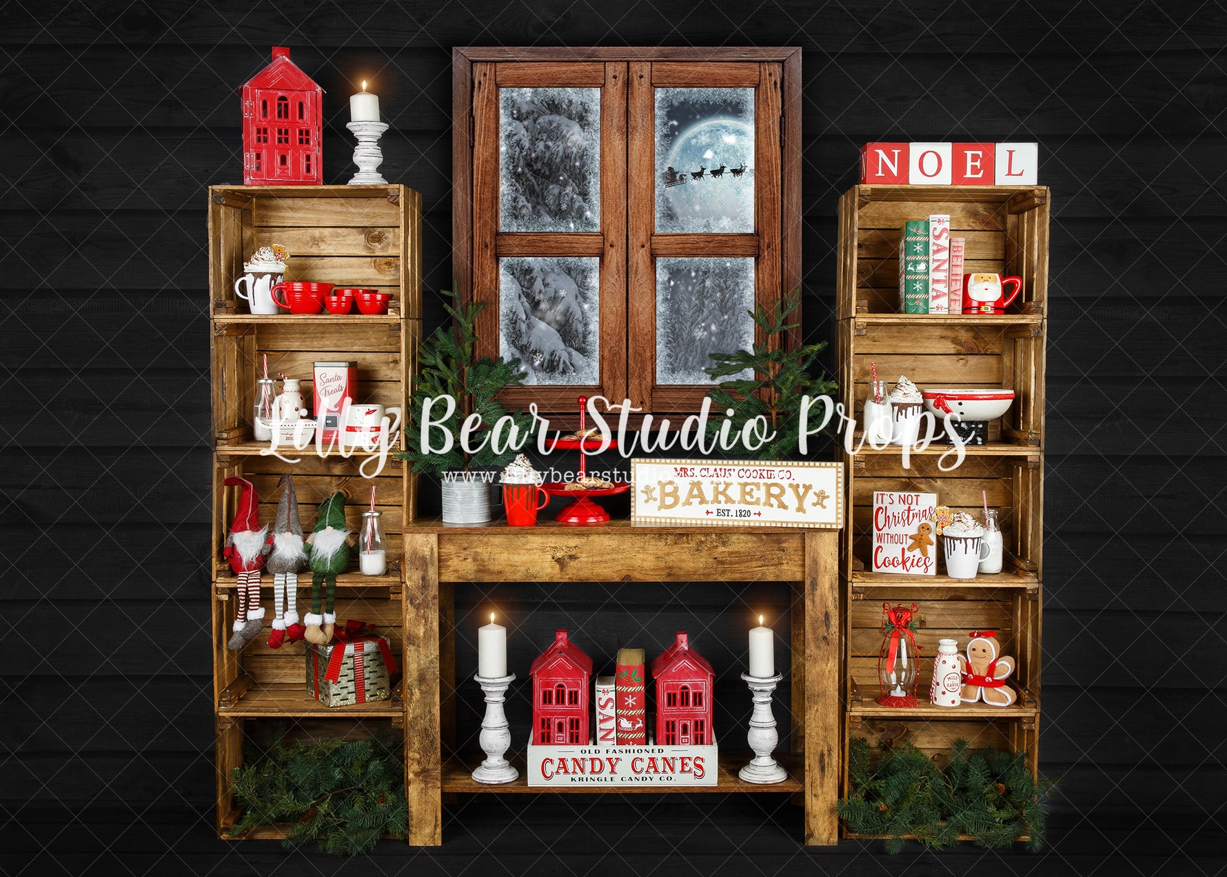 Very Beary Baking Room - Lilly Bear Studio Props, black fireplace, bohemian christmas, bohemian fireplace, bohemian mantel, boho, boho christmas, boho holiday, boho mantel, christmas, christmas mantel, christmas village, evergreen trees, evergreens, Fabric, fireplace, holiday, holiday christmas, mantel, Pampas, pine trees, white christmas, white holiday, Wrinkle Free Fabric