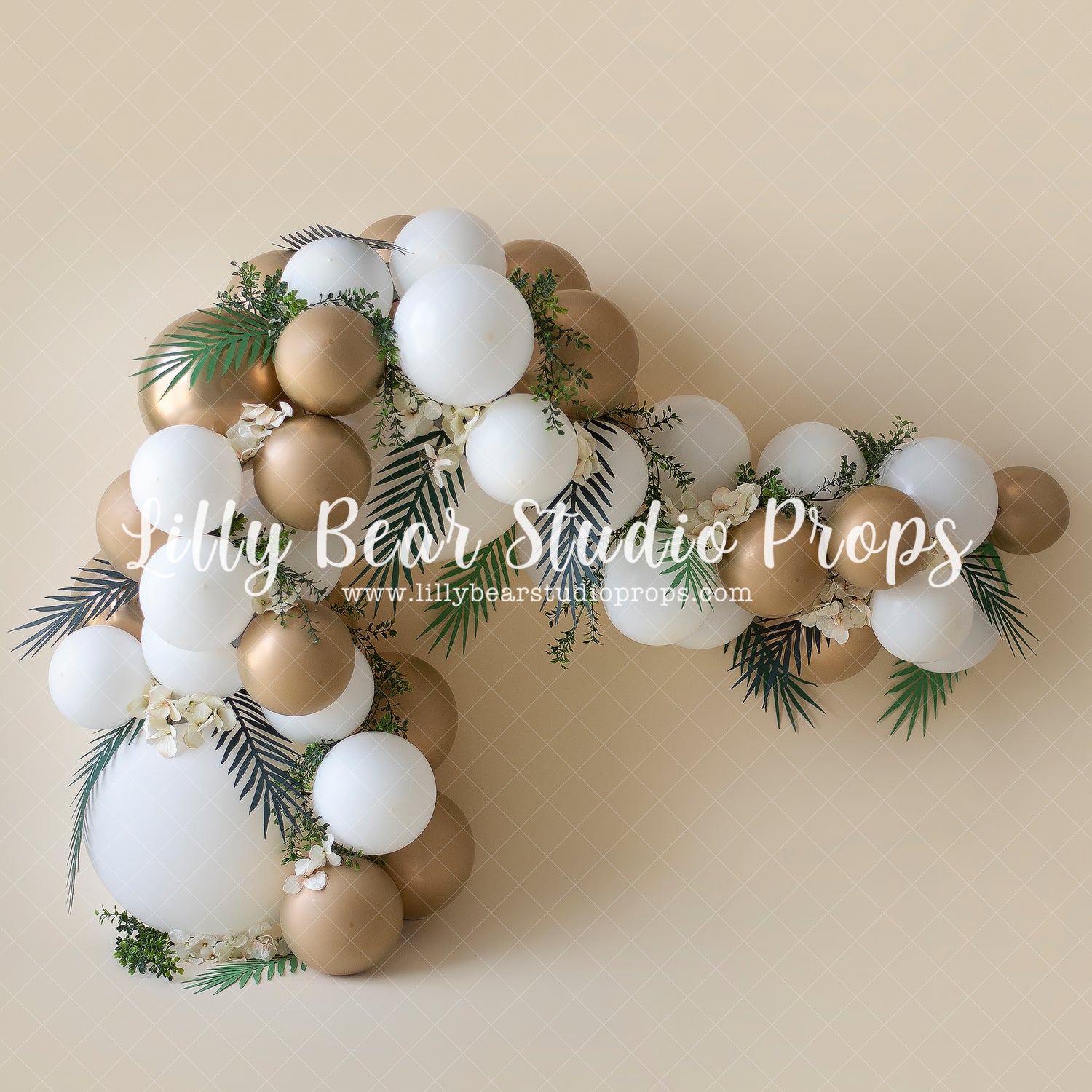 Balloon Garden Garland - Lilly Bear Studio Props, balloon, balloon arch, balloon flowers, balloon garland, balloons, boho greenery, Fabric, gold balloons, greenery, jungle, jungle balloons, white and gold, white and gold balloons, white balloons, Wrinkle Free Fabric