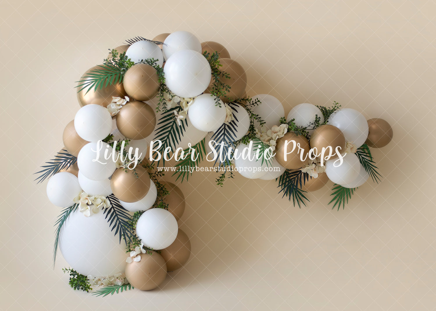 Balloon Garden Garland - Lilly Bear Studio Props, balloon, balloon arch, balloon flowers, balloon garland, balloons, boho greenery, Fabric, gold balloons, greenery, jungle, jungle balloons, white and gold, white and gold balloons, white balloons, Wrinkle Free Fabric