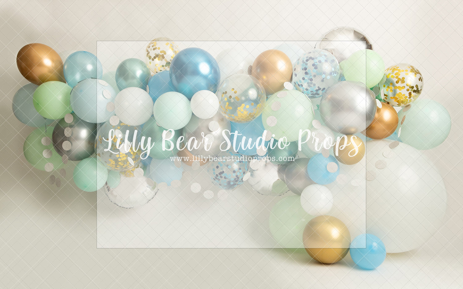 Balloon Party - Lilly Bear Studio Props, balloon, balloon arch, balloon garland, blue balloon, blue balloon garland, blue balloons, chrome balloon, gold and white balloons, gold balloons, green and gold balloons, green balloons, metallic balloon, silver balloons