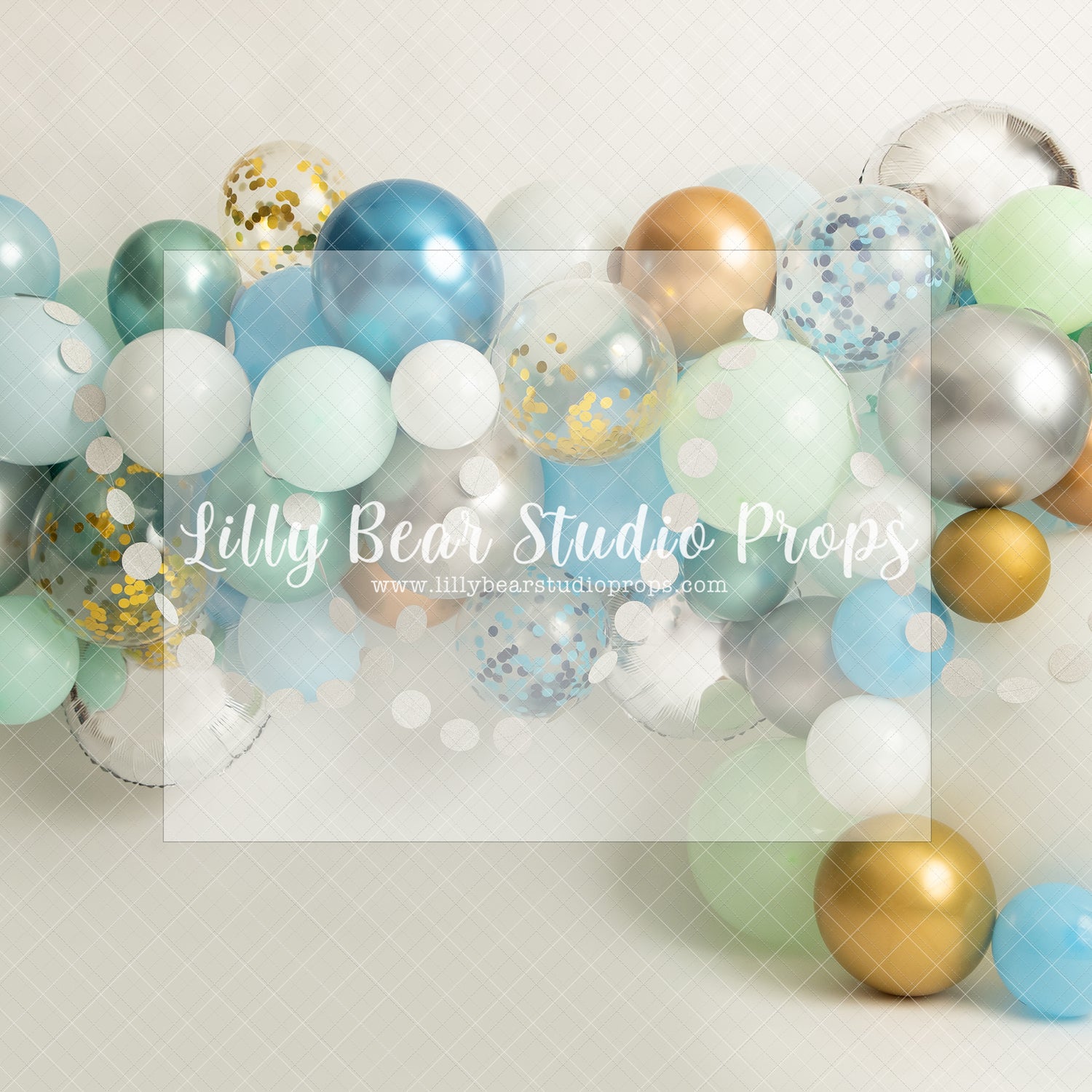 Balloon Party - Lilly Bear Studio Props, balloon, balloon arch, balloon garland, blue balloon, blue balloon garland, blue balloons, chrome balloon, gold and white balloons, gold balloons, green and gold balloons, green balloons, metallic balloon, silver balloons