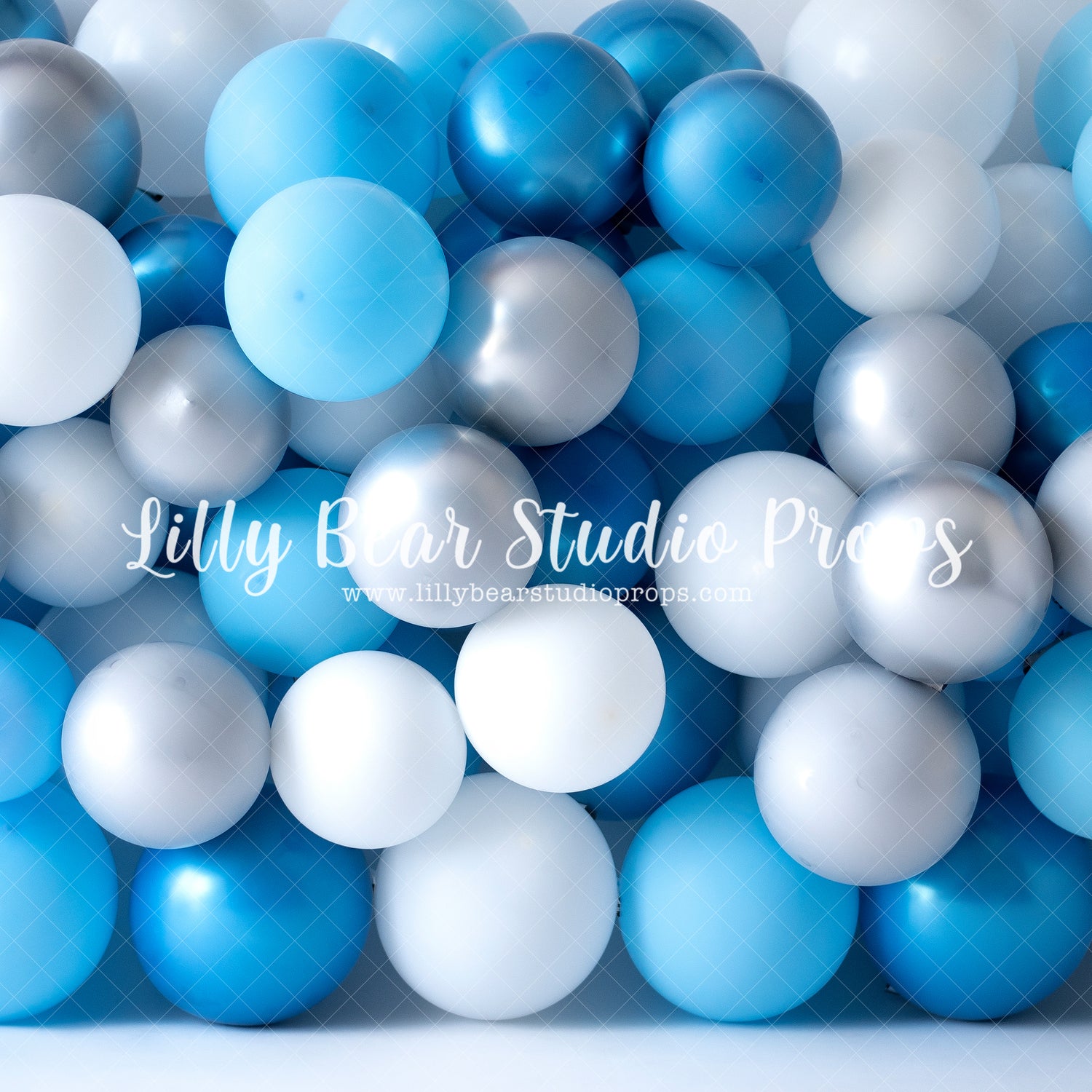 Balloon Wall Blue - Lilly Bear Studio Props, balloon, balloon garland, balloon wall, blue, blue balloon garland, blue balloons, cake smash, Fabric, FABRICS, fish net, net, ocean, ocean blue, starfish, under the sea, under water, underwater, underwater bubbles, white balloons, Wrinkle Free Fabric