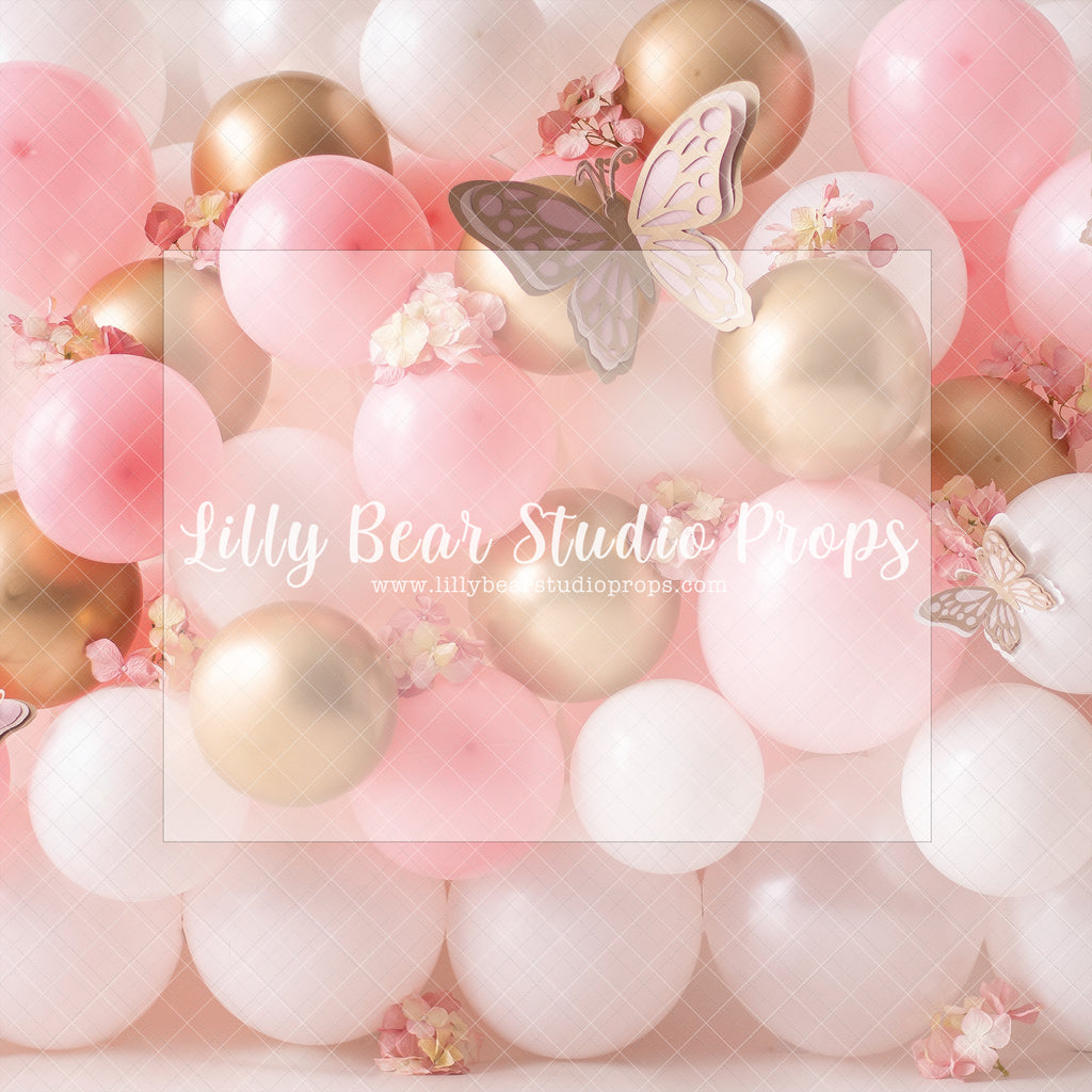 Balloon Wall Butterflies - Lilly Bear Studio Props, balloon, balloon garland, blooming flowers, bright flowers, cake smash, colourful flowers, FABRICS, floral, girl, gold balloons, pink, pink and gold, pink and white, pink balloons, pink floral, pink flower, pink flowers, vintage, vintage floral, white balloons