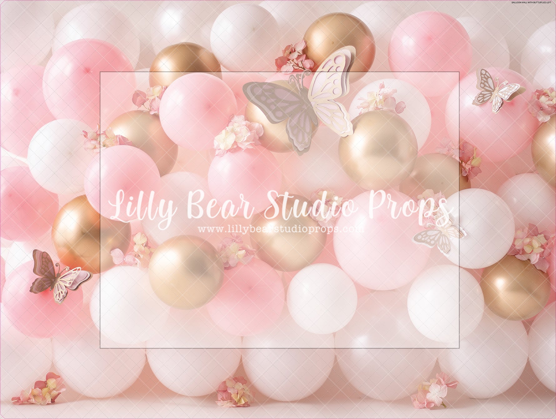 Balloon Wall Butterflies - Lilly Bear Studio Props, balloon, balloon garland, blooming flowers, bright flowers, cake smash, colourful flowers, FABRICS, floral, girl, gold balloons, pink, pink and gold, pink and white, pink balloons, pink floral, pink flower, pink flowers, vintage, vintage floral, white balloons