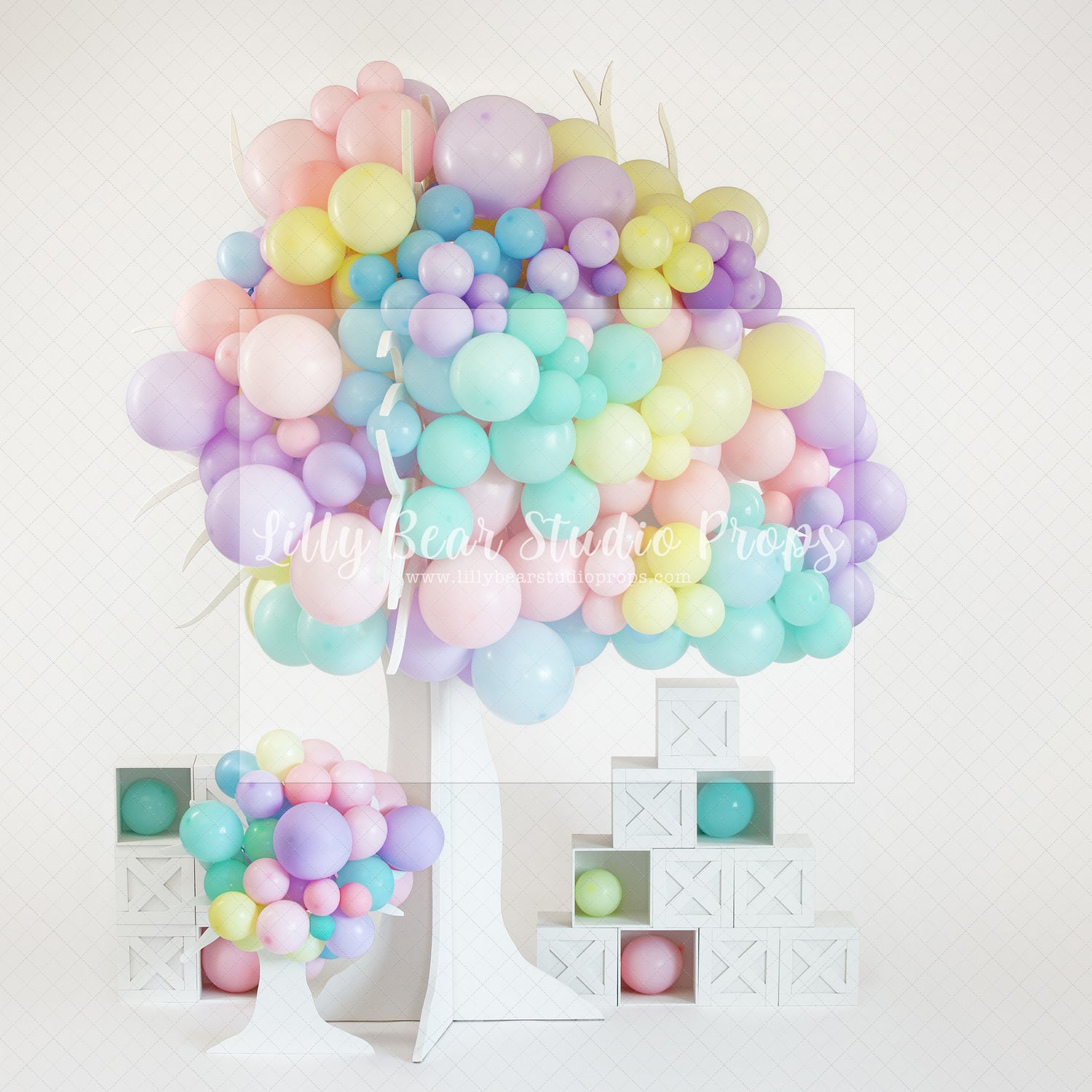 Ballooning Tree - Lilly Bear Studio Props, balloon tree, balloons, easter balloon tree, Fabric, FABRICS, floral, florals, flowers, garden, girl, girl balloons, girls, pastel balloons, pink, pink flower, rainbow balloons, spring, spring balloons, Wrinkle Free Fabric