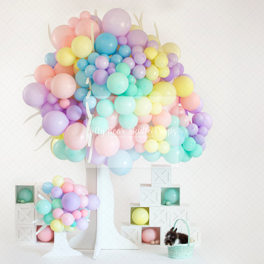 Ballooning Tree with Bunny - Lilly Bear Studio Props, balloon tree, balloons, bunny, easter balloon tree, Fabric, FABRICS, floral, florals, flowers, garden, girl, girl balloons, girls, pastel balloons, pink, pink flower, rainbow balloons, spring, spring balloons, Wrinkle Free Fabric