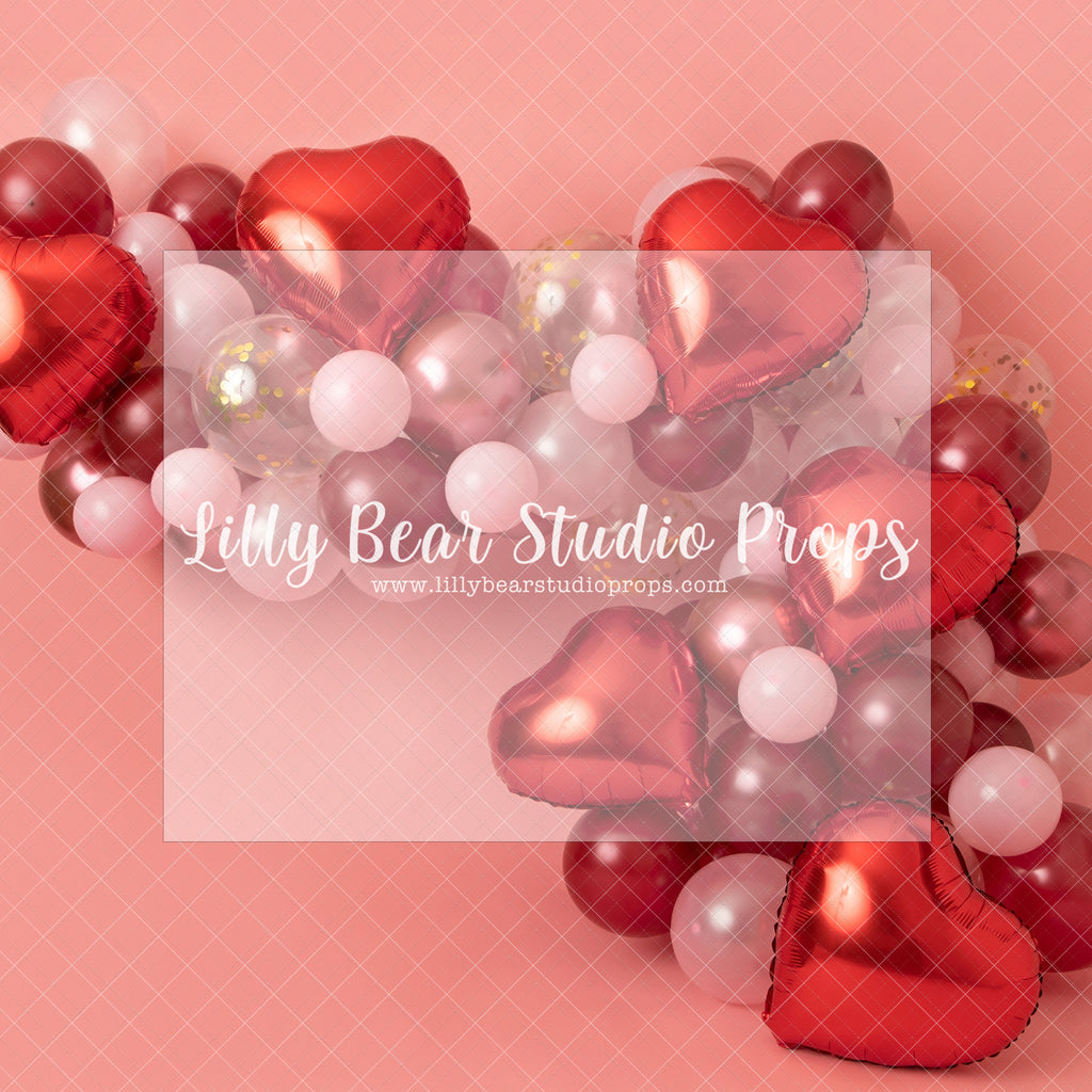 Balloons And Kisses - Lilly Bear Studio Props, balloon, balloon arch, girl, heart balloons, hearts, pink, red hearts, valentines, valentines arch, valentines balloon, valentines balloons, valentines heart balloon