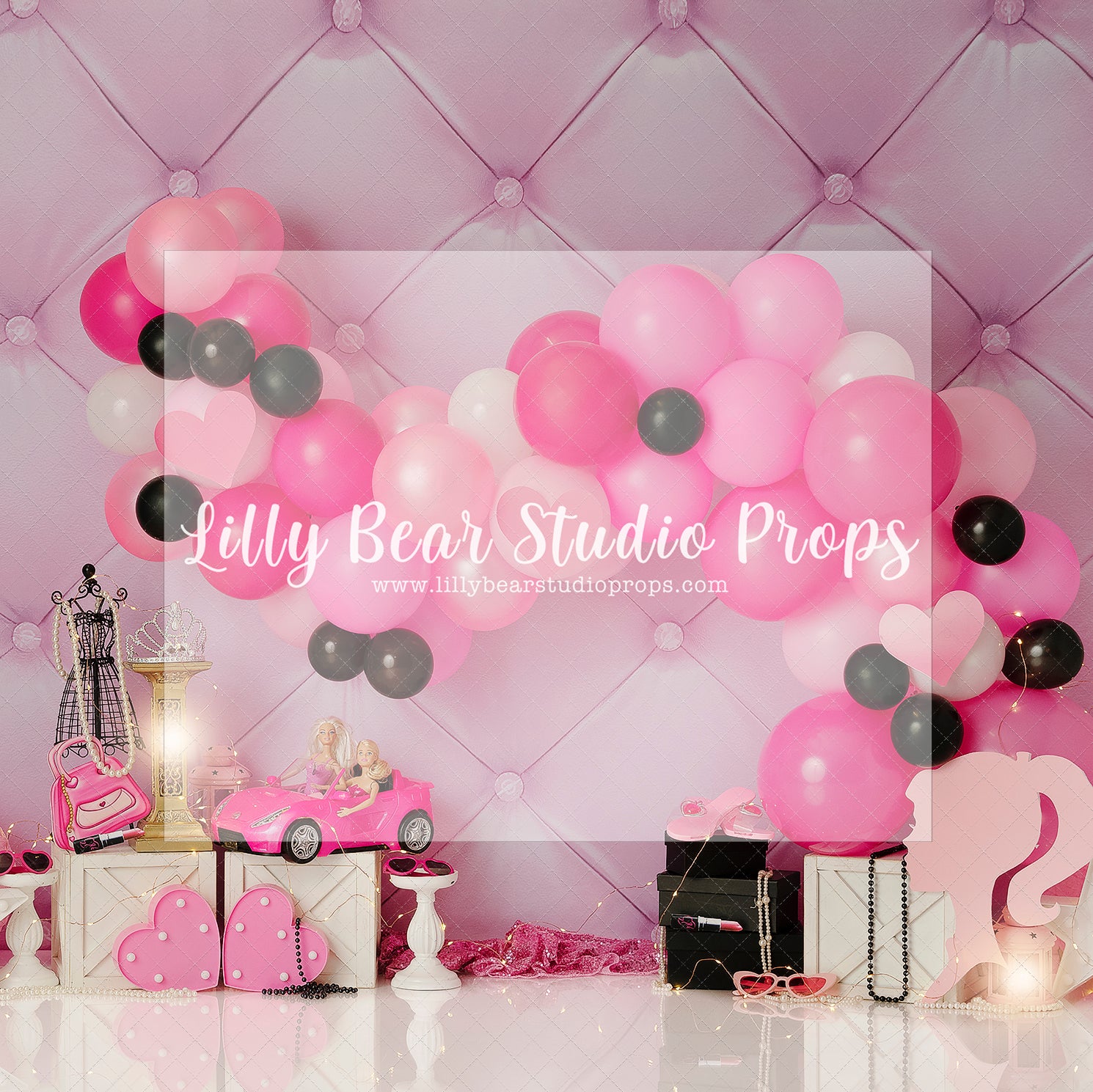 Barbie and Stacey - Lilly Bear Studio Props, barbie, barbie balloons, barbie doll, barbie girl, pink and black, Wrinkle Free Fabric