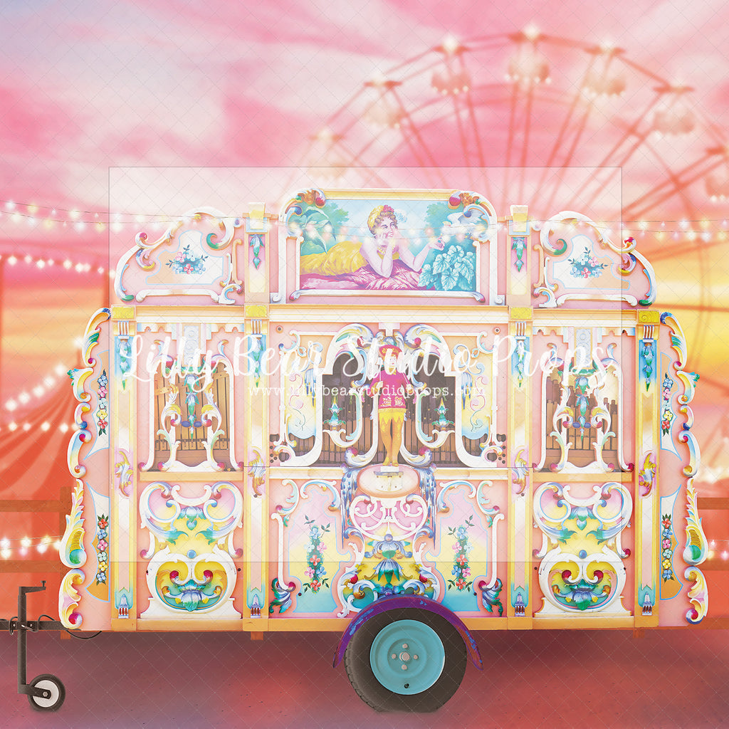 Barrel Organ Fair Carnival - Lilly Bear Studio Props, carousel, circus, circus elephant, circus fair, circus fun, circus horse, circus ride, circus tent, Fabric, FABRICS, fair, fair ground, fairground, ferris wheel, girl circus, lets go to the circus, lights, magic circus, pink circus, rides, Wrinkle Free Fabric