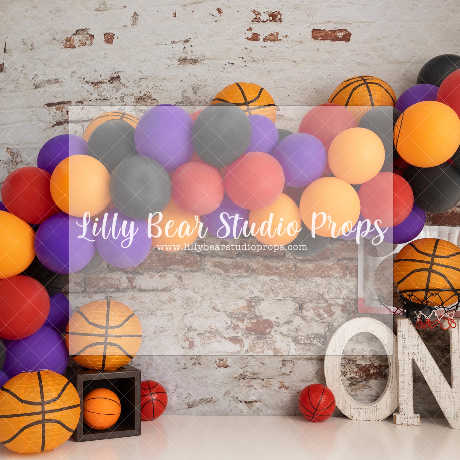Basketball Balloon Garland - Lilly Bear Studio Props, ball, balloon garland, basket, basketball, basketball net, basketball sport, basketball sports, boy cake smash, boy sports, cake smash, Fabric, net, sports, sports game, sports team, Wrinkle Free Fabric