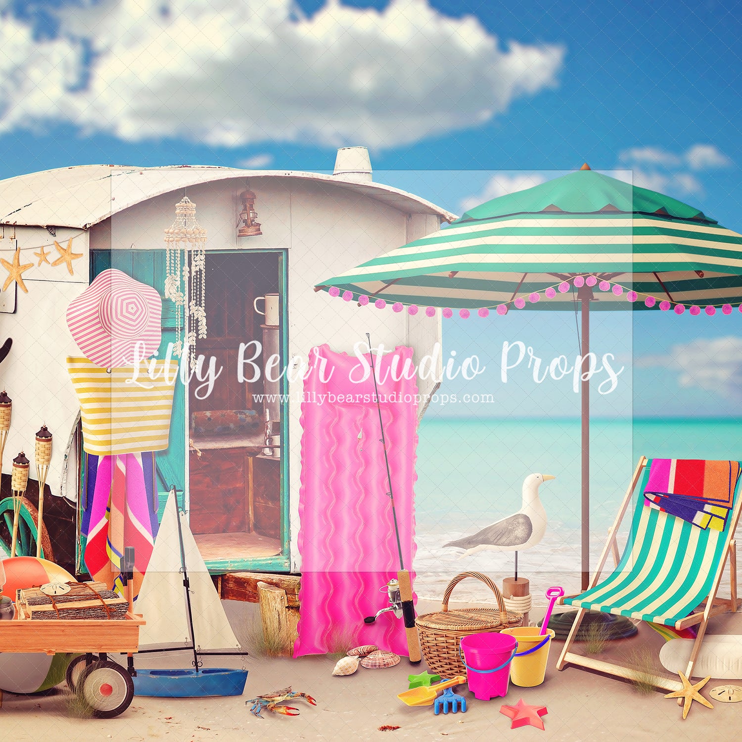 Beach Cabana - Lilly Bear Studio Props, beach ball, beach water, beach water wave, beach waves, flip flop, glistening water, rubber duck, sand, shimmer water, shiny water, surf board, water, water waves, waves