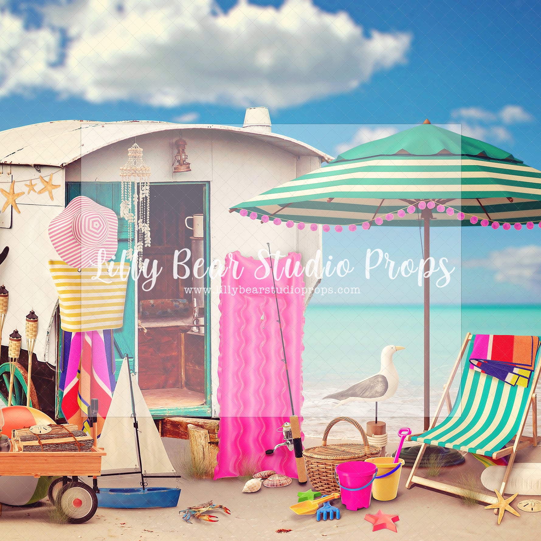 Beach Cabana - Lilly Bear Studio Props, beach ball, beach water, beach water wave, beach waves, flip flop, glistening water, rubber duck, sand, shimmer water, shiny water, surf board, water, water waves, waves