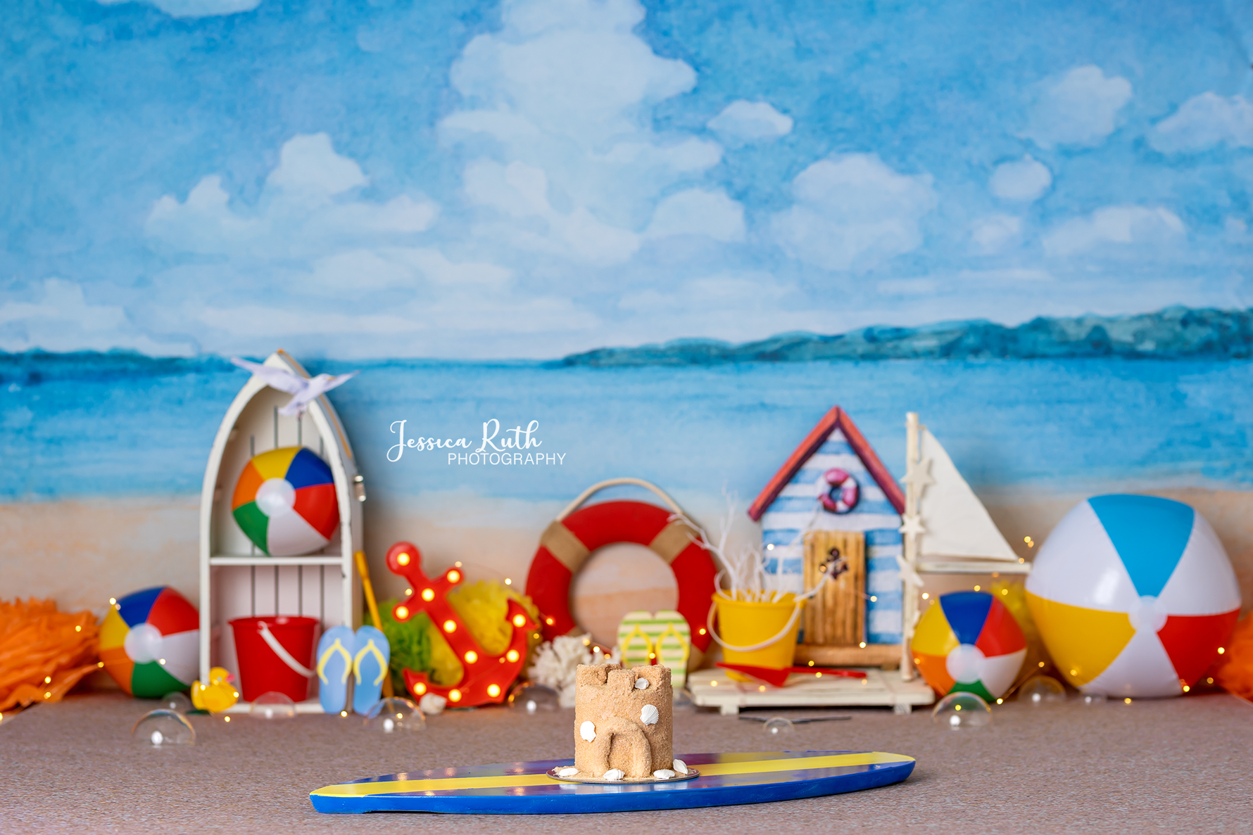 Beach Day Fun - Lilly Bear Studio Props, beach ball, beach water, beach water wave, beach waves, flip flop, glistening water, rubber duck, sand, shimmer water, shiny water, surf board, water, water waves, waves