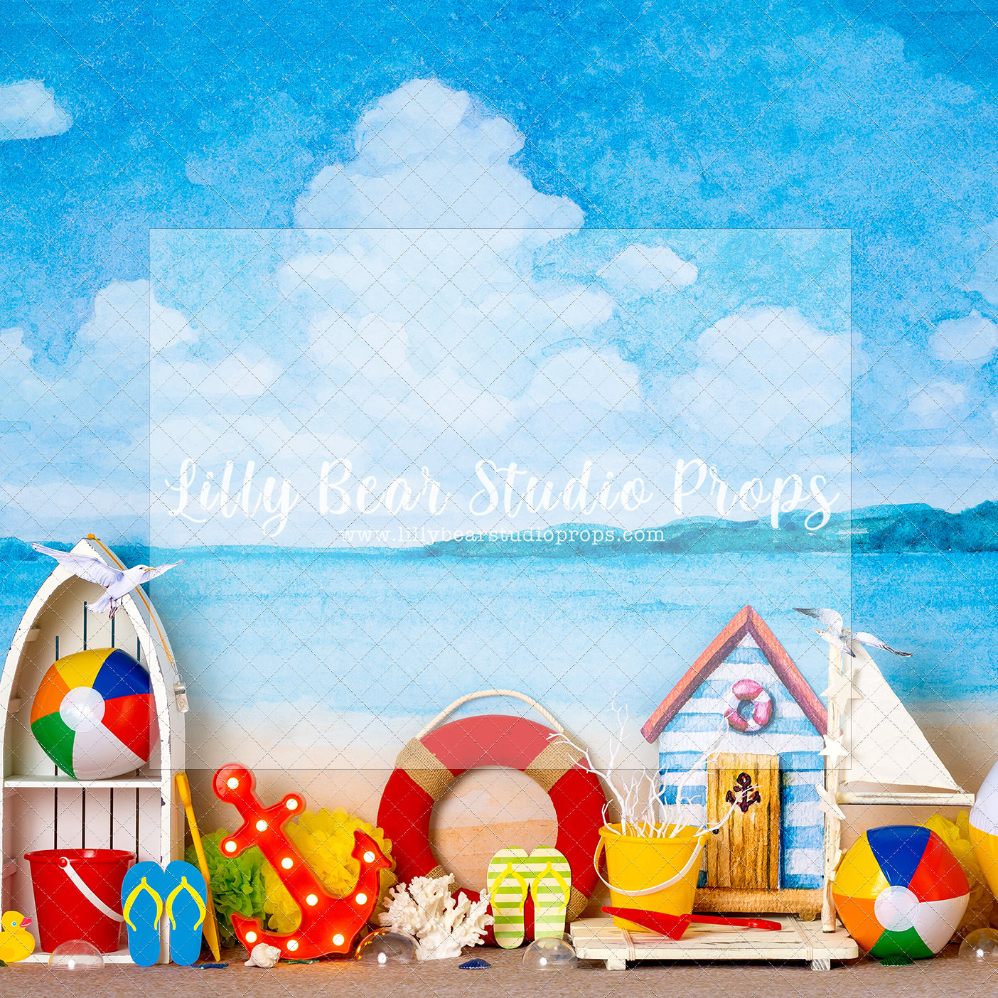 Beach Day Fun - Lilly Bear Studio Props, beach ball, beach water, beach water wave, beach waves, flip flop, glistening water, rubber duck, sand, shimmer water, shiny water, surf board, water, water waves, waves