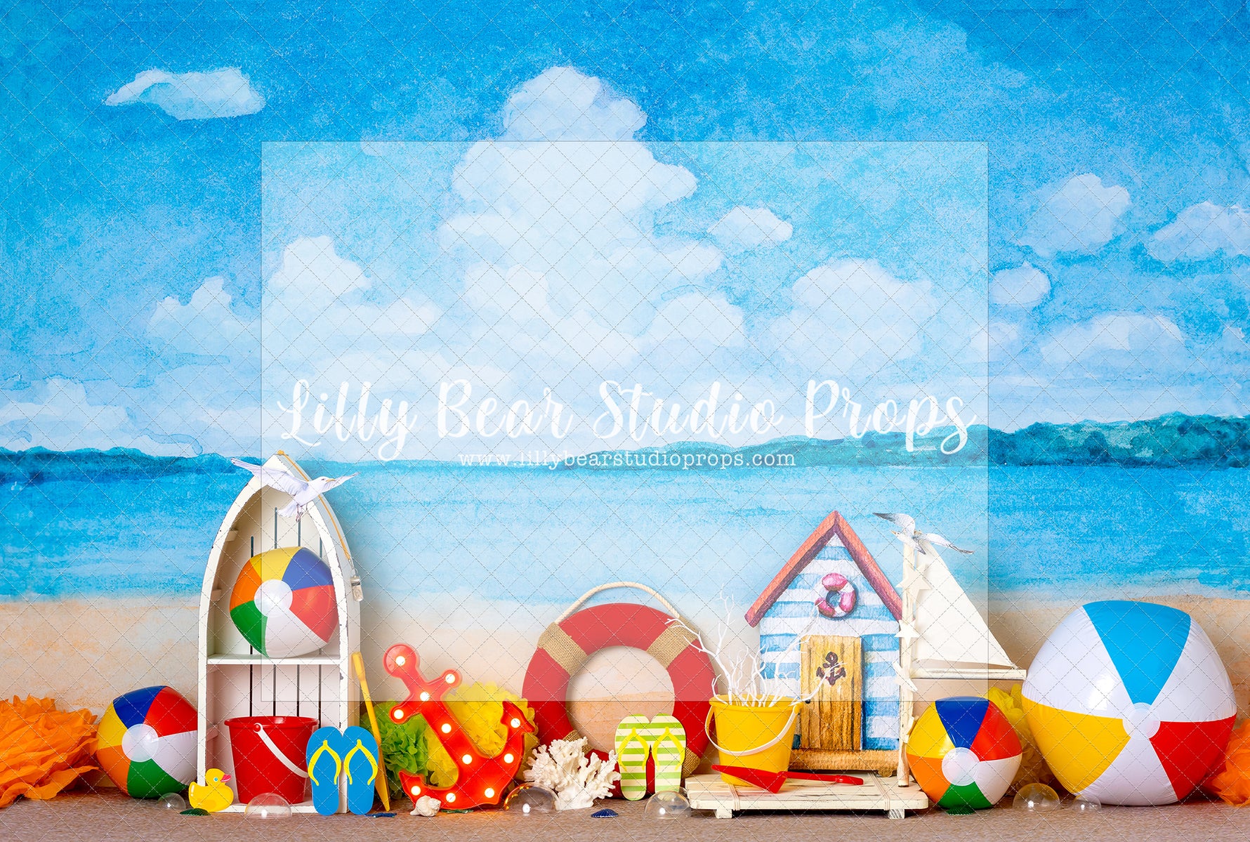 Beach Day Fun - Lilly Bear Studio Props, beach ball, beach water, beach water wave, beach waves, flip flop, glistening water, rubber duck, sand, shimmer water, shiny water, surf board, water, water waves, waves