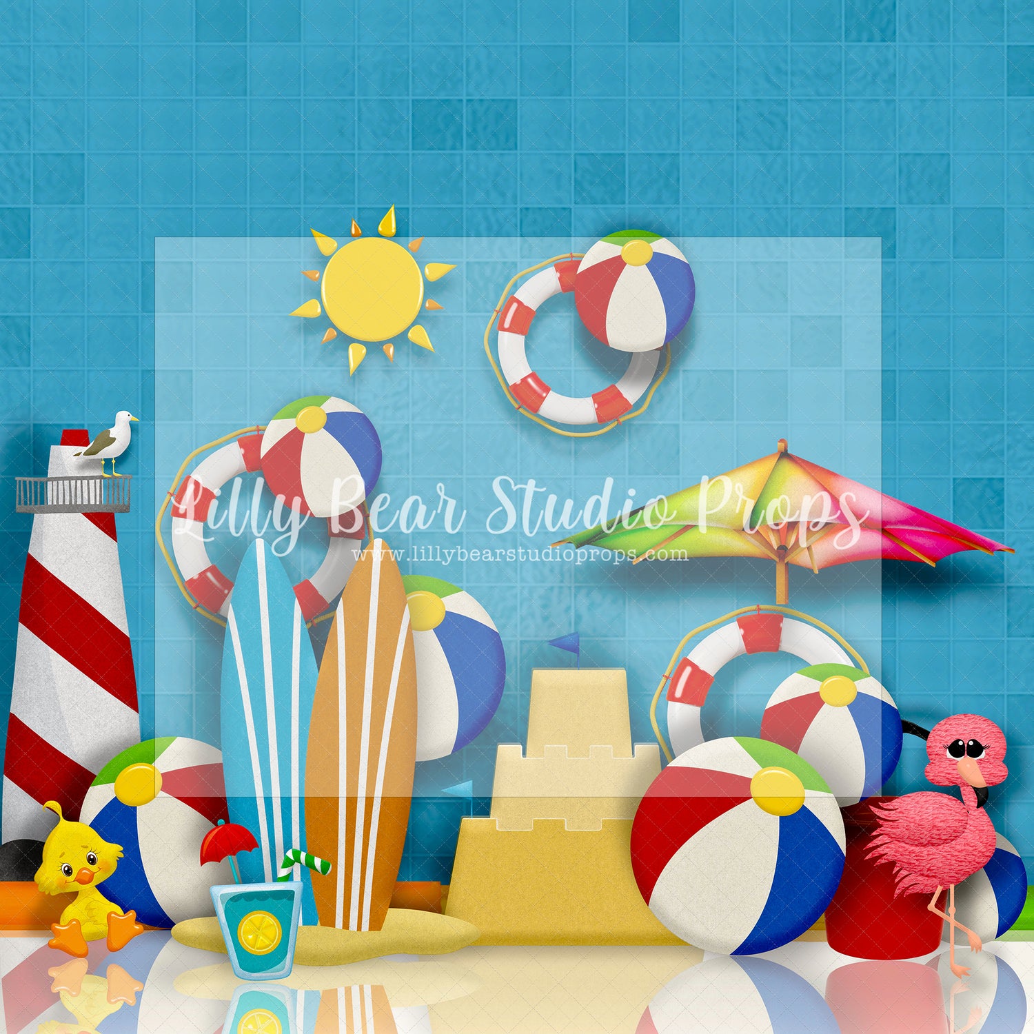 Beachy Blue - Lilly Bear Studio Props, beach, beach ball, beach party, beach sand, Fabric, FABRICS, lighthouse, pink flamingo, sand castle, summer, summer fun, summertime