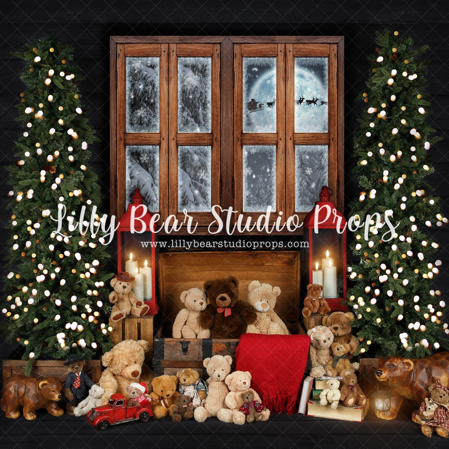 Beary Cozy Window - Lilly Bear Studio Props, arctic pines, christmas, christmas village, evergreen trees, evergreens, Fabric, holiday, holiday christmas, pine trees, santa window, santa workshop, silver winter, snow, snowflakes, snowy forest, snowy pine, snowy pine trees, snowy trees, teddy, teddy bear, teddy bears, toy store, village, white christmas, white holiday, white winter, winter, winter christmas, winter diamond, Wrinkle Free Fabric