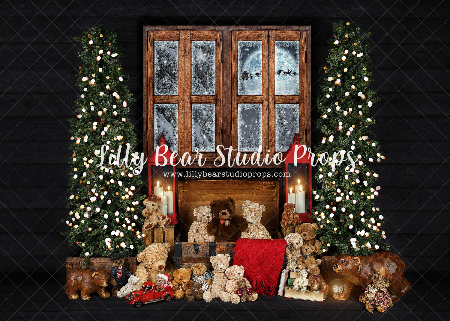 Beary Cozy Window - Lilly Bear Studio Props, arctic pines, christmas, christmas village, evergreen trees, evergreens, Fabric, holiday, holiday christmas, pine trees, santa window, santa workshop, silver winter, snow, snowflakes, snowy forest, snowy pine, snowy pine trees, snowy trees, teddy, teddy bear, teddy bears, toy store, village, white christmas, white holiday, white winter, winter, winter christmas, winter diamond, Wrinkle Free Fabric