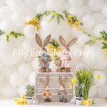 Beatrix And Her Fam Bam - Lilly Bear Studio Props, balloon, balloon chic, balloon flowers, balloon wall, blooming flowers, bunnies, bunny, easter bunny, Fabric, greenery, spring, spring ballooons, spring floral, spring flowers, white balloon wall, white balloons, Wrinkle Free Fabric, yellow, yellow floral, yellow flowers