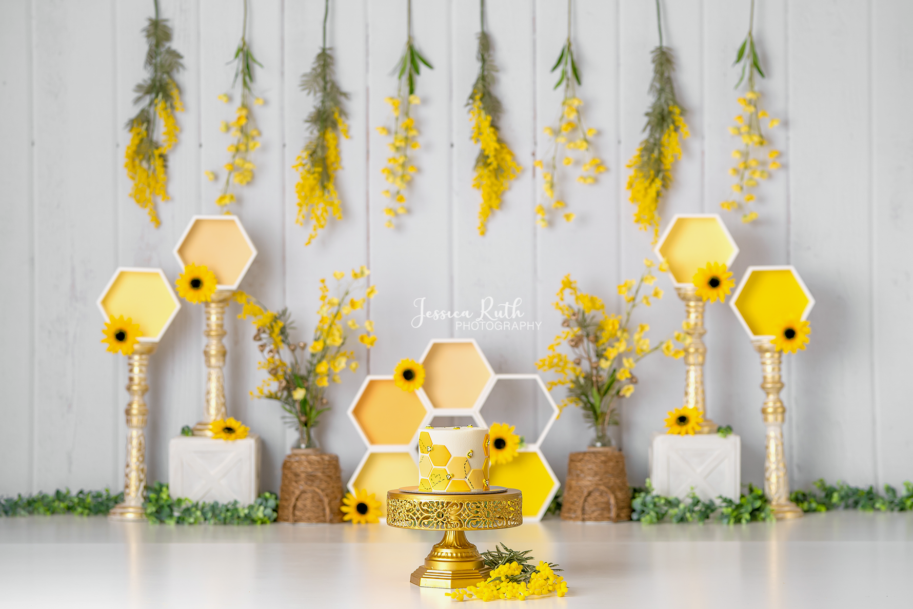 Honey Comb Delight - Lilly Bear Studio Props, bees, Fabric, FABRICS, green garland, honey, honey bees, honey comb, honey comb nest, yellow flowers, yellow honey comb