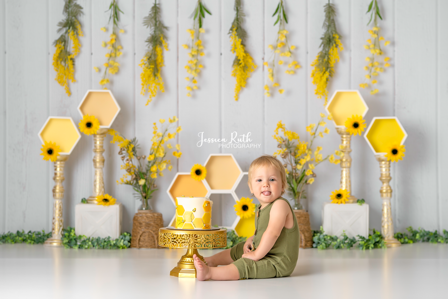 Honey Comb Delight - Lilly Bear Studio Props, bees, Fabric, FABRICS, green garland, honey, honey bees, honey comb, honey comb nest, yellow flowers, yellow honey comb